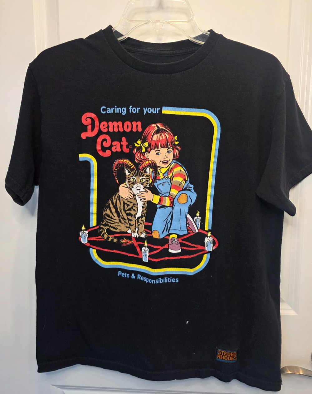 Steven Rhodes Retro T-Shirt Black XS Demon Cat Graphic Occult Satanic Horror Tee